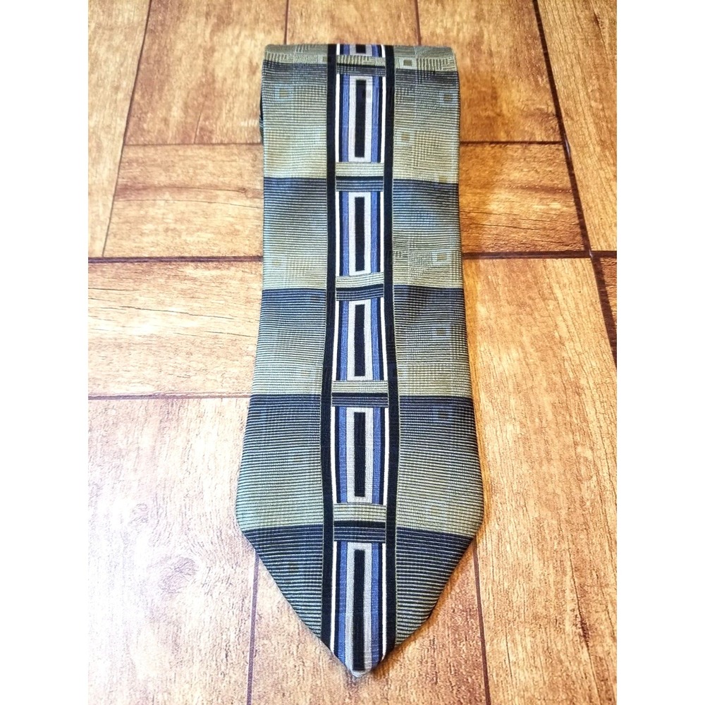 Zylos George Machado Geometric Textured Green Black‎ 100% Silk Pointed Tie USA